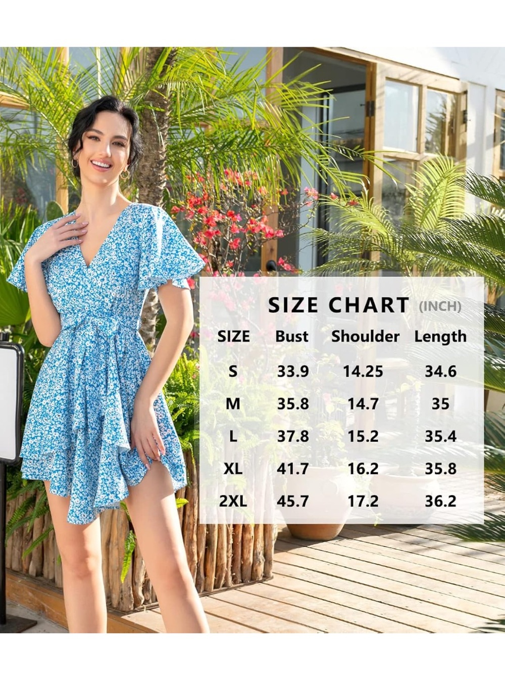 Hao Meili Blue Floral Ruffle Mini Swing Skater Dresses - Picture 8 of 9
